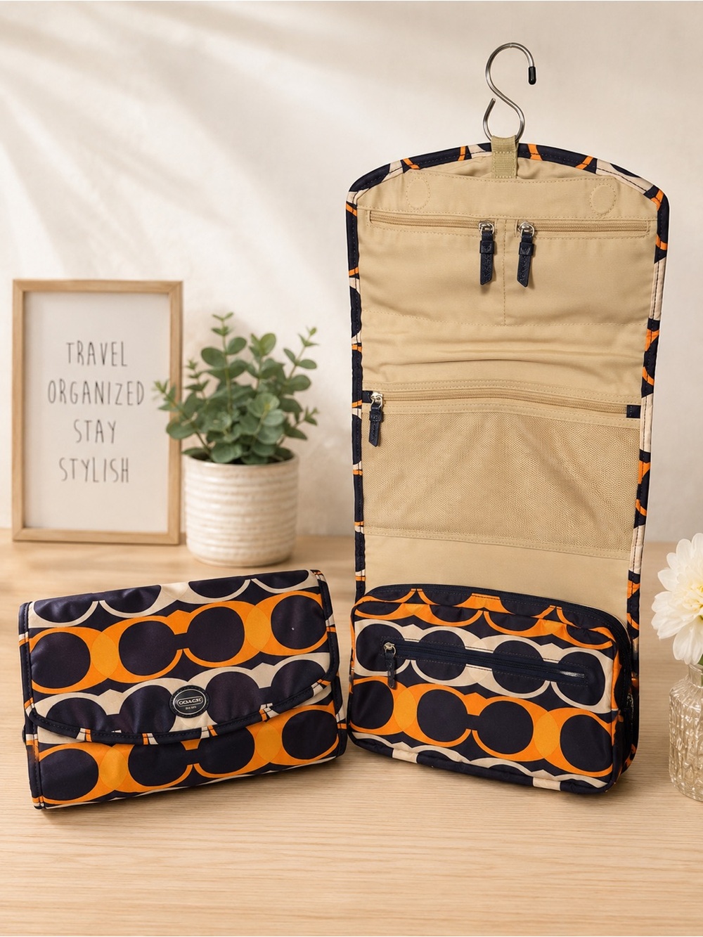 Coach Hanging Travel Organizer Toiletry Bag Signature Print Orange/Purple